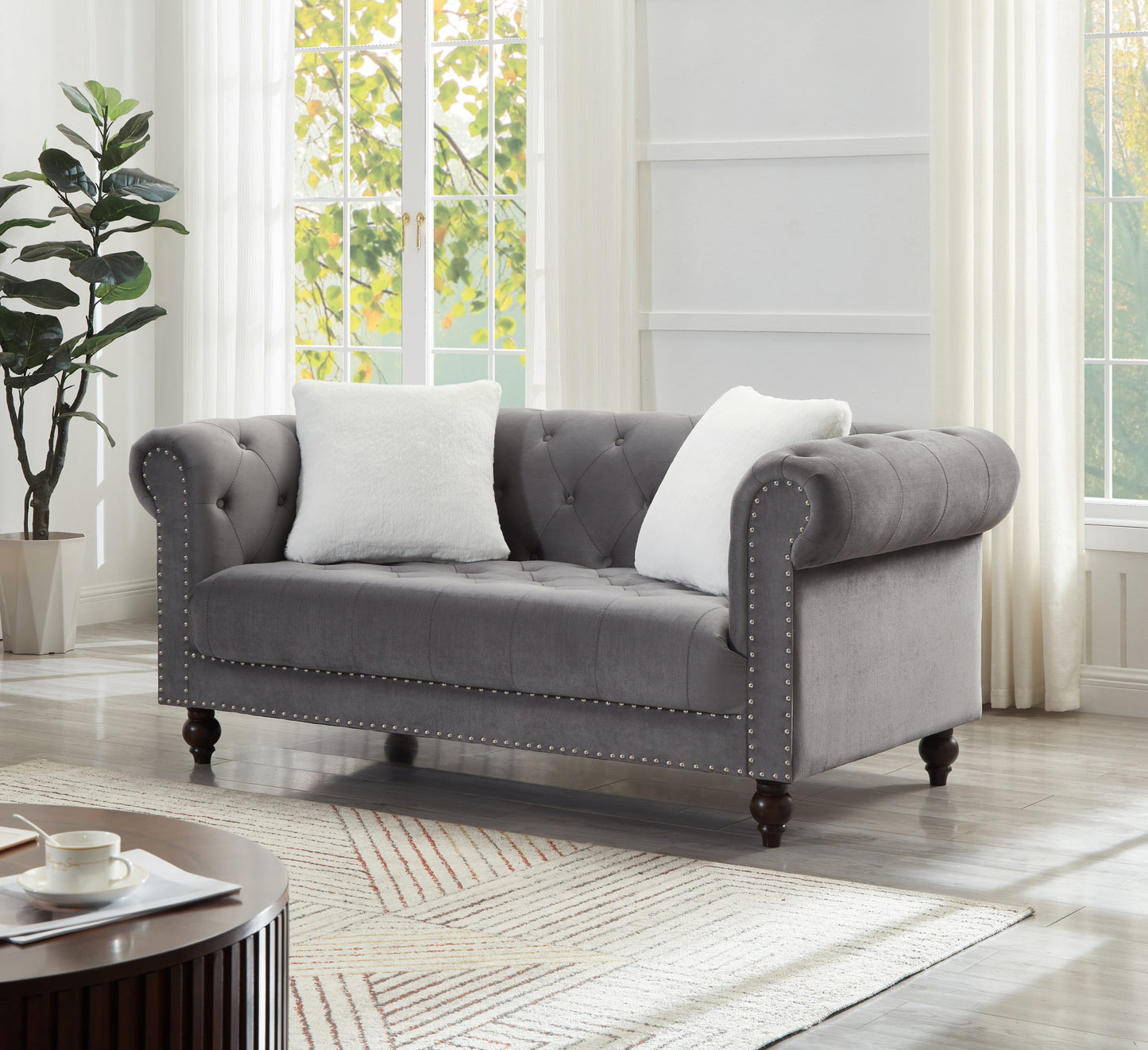 Brooke Gray Velvet Chesterfield Loveseat