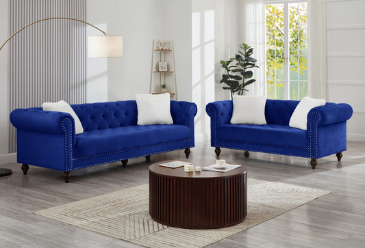 Brooke Navy Blue Velvet Chesterfield 2pc Sofa Set