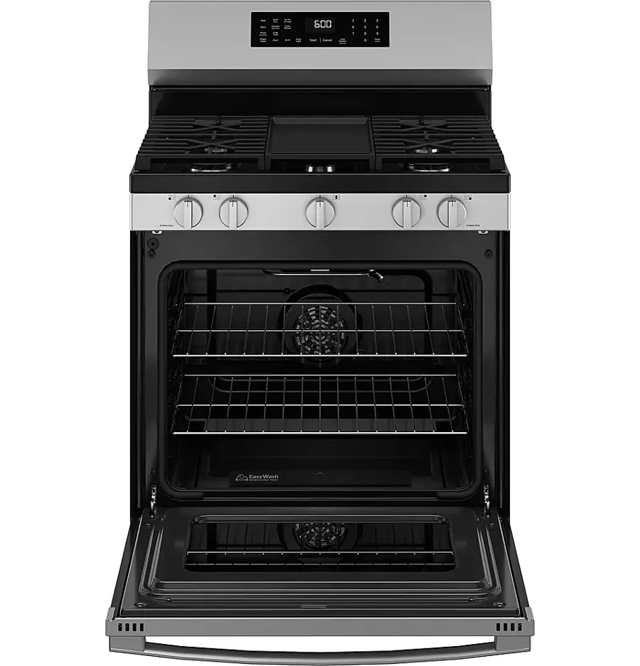 GE - 5.3 Cu. Ft. Freestanding Gas Convection Range with Steam Cleaning and EasyWash Oven Tray - Stainless Steel