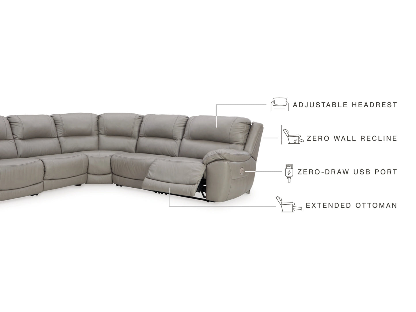 Dunleith 5-Piece Dual Power Leather Modular Reclining Sectional - Gray
