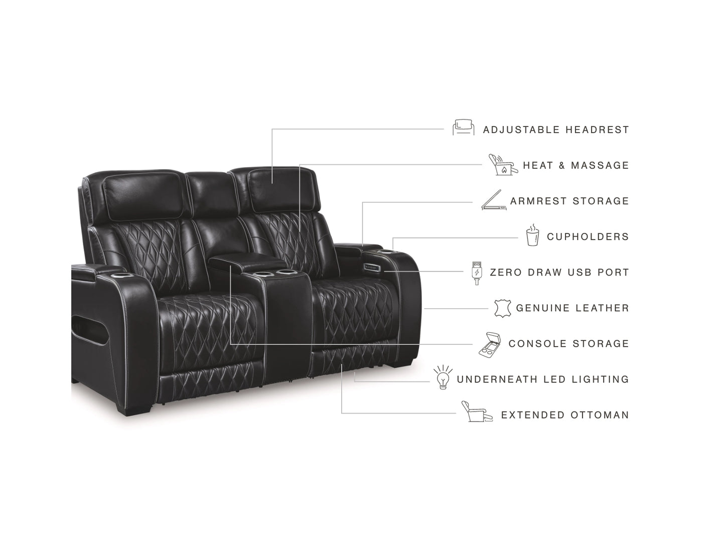 Broadmoor Dual Power Leather Reclining Loveseat with Console - Black