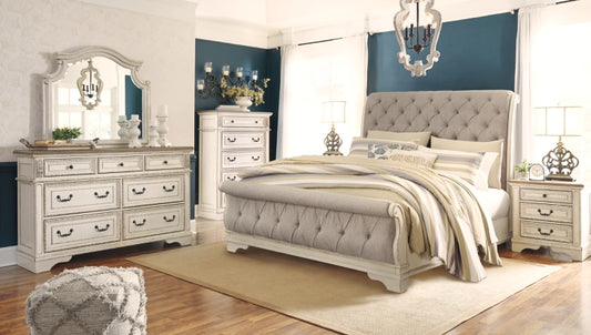 Aris Sleigh Bed with Mirrored Dresser, Chest and Nightstand