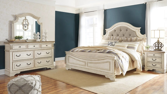 Aris Upholstered Panel Bed with Mirrored Dresser and Nightstand