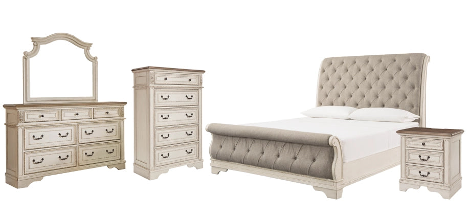 Aris Sleigh Bed with Mirrored Dresser, Chest and Nightstand