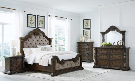 Savannah Upholstered Bed with Mirrored Dresser and Nightstand