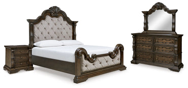 Savannah Upholstered Bed with Mirrored Dresser and Nightstand
