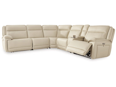 Double Deal 6-Piece Dual Power Leather Reclining Modular Sectional with Console - Almond