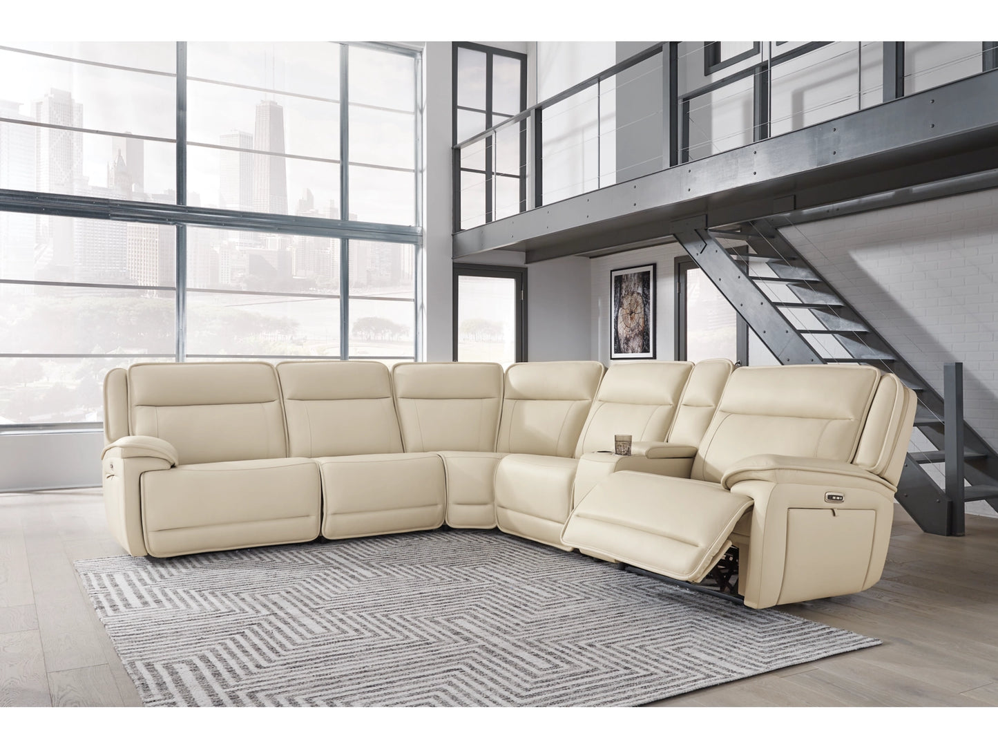 Double Deal 6-Piece Dual Power Leather Reclining Modular Sectional with Console - Almond