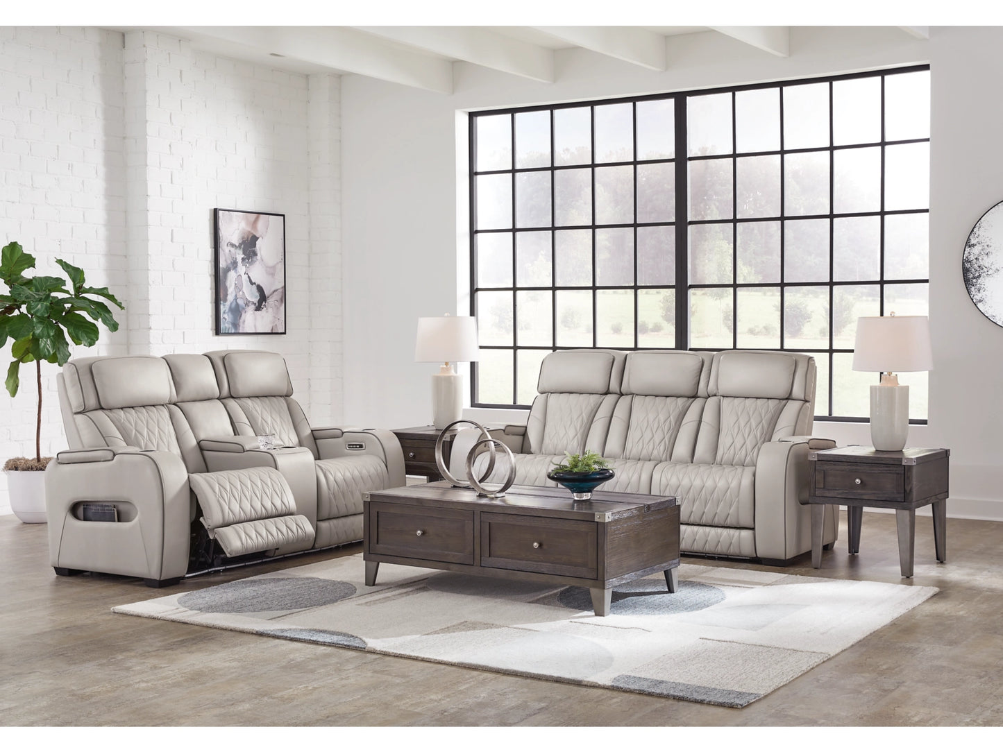 Broadmoor Triple Power Leather Reclining Sofa and Loveseat - Gray