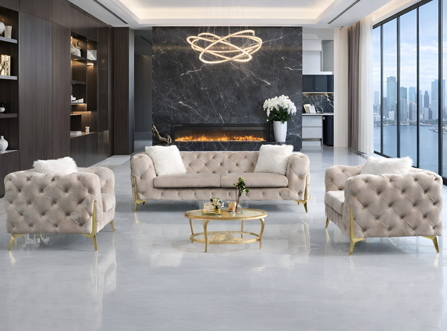 Vegas Luxury Modern Beige Velvet 2pc Sofa Set