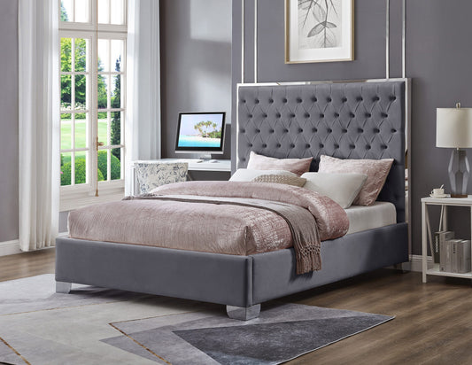 Kate Queen 58″ Tall Gray Velvet Upholstered Platform Bed