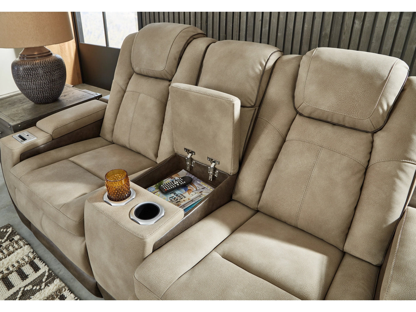 Next-Gen DuraPella Performance Fabric Dual Power Reclining Loveseat with Console - Sand