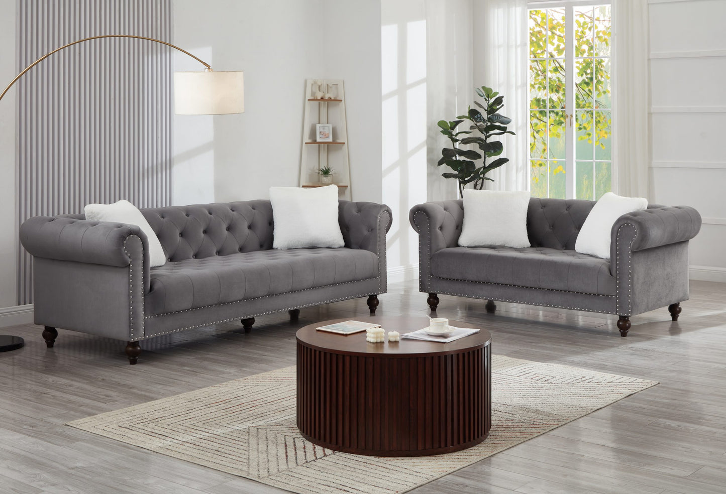 Brooke Gray Velvet Chesterfield 2pc Sofa Set
