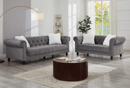 Brooke Gray Velvet Chesterfield 2pc Sofa Set