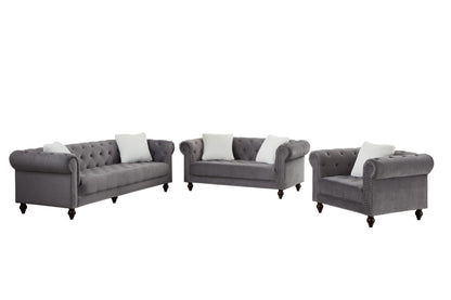 Brooke Gray Velvet Chesterfield 2pc Sofa Set