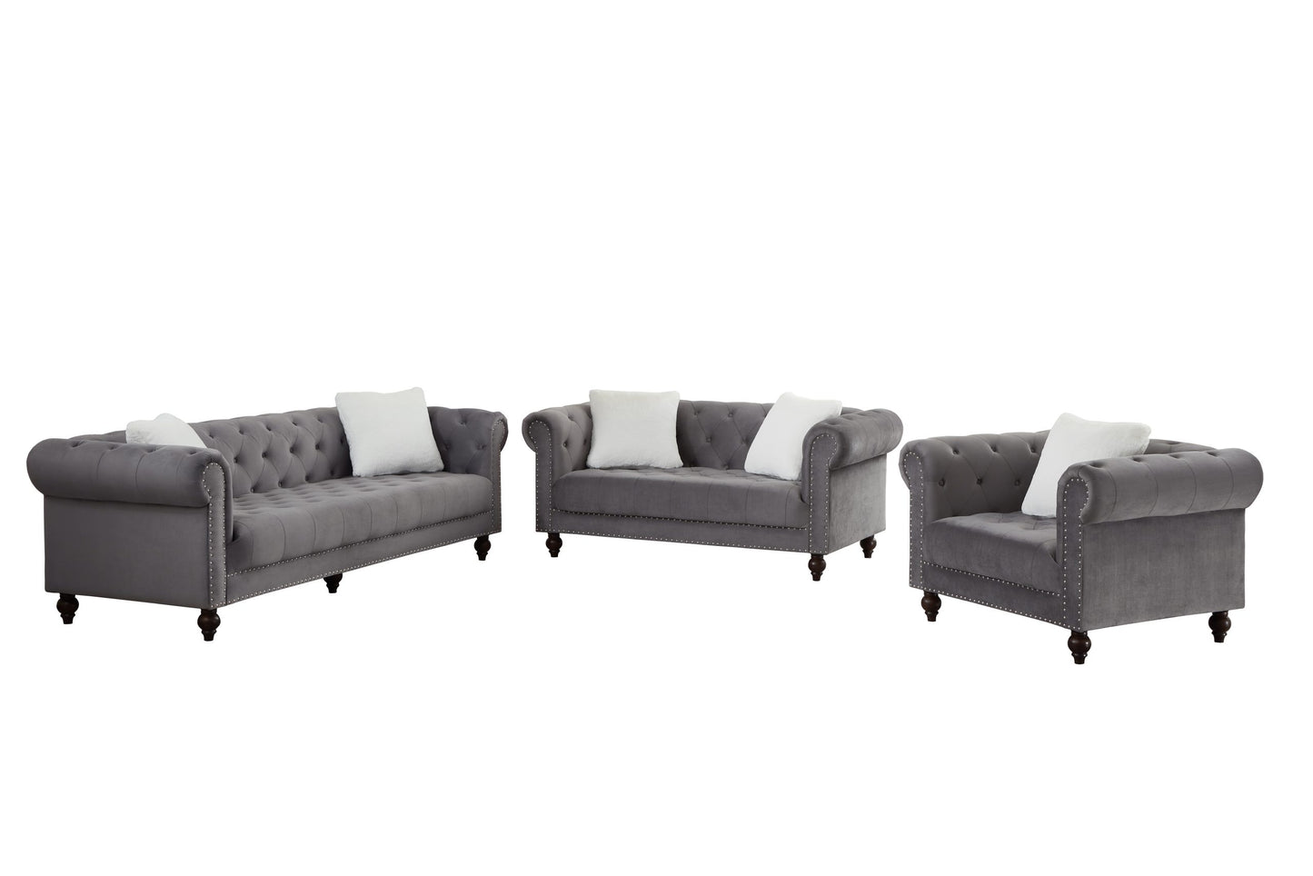 Brooke Gray Velvet Chesterfield 2pc Sofa Set