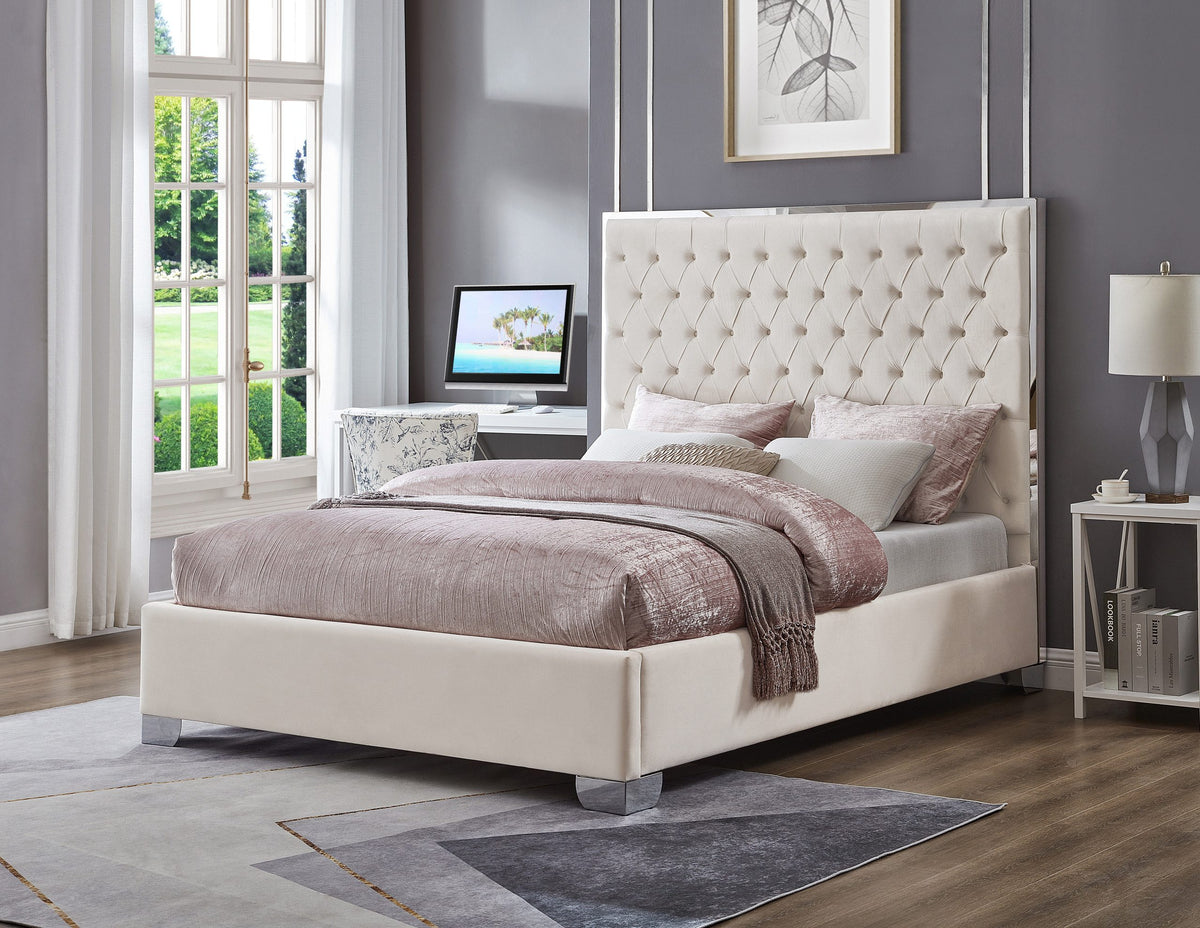 Kate Queen 58″ High Beige Velvet Upholstered Platform Bed