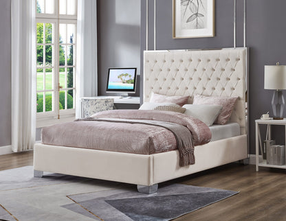 Kate Queen 58″ High Beige Velvet Upholstered Platform Bed