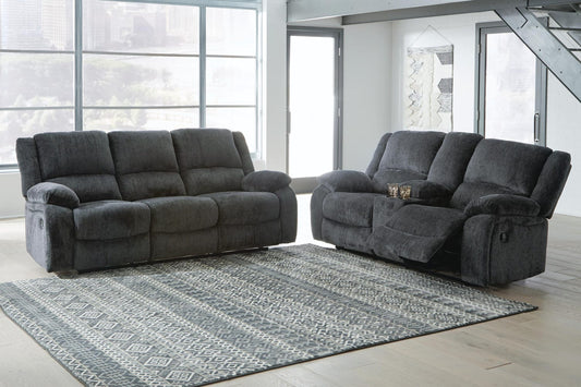 Draycoll 2-Piece Reclining Sofa and Loveseat with Console - Slate
