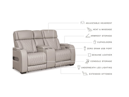 Broadmoor Dual Power Leather Reclining Loveseat with Console - Gray