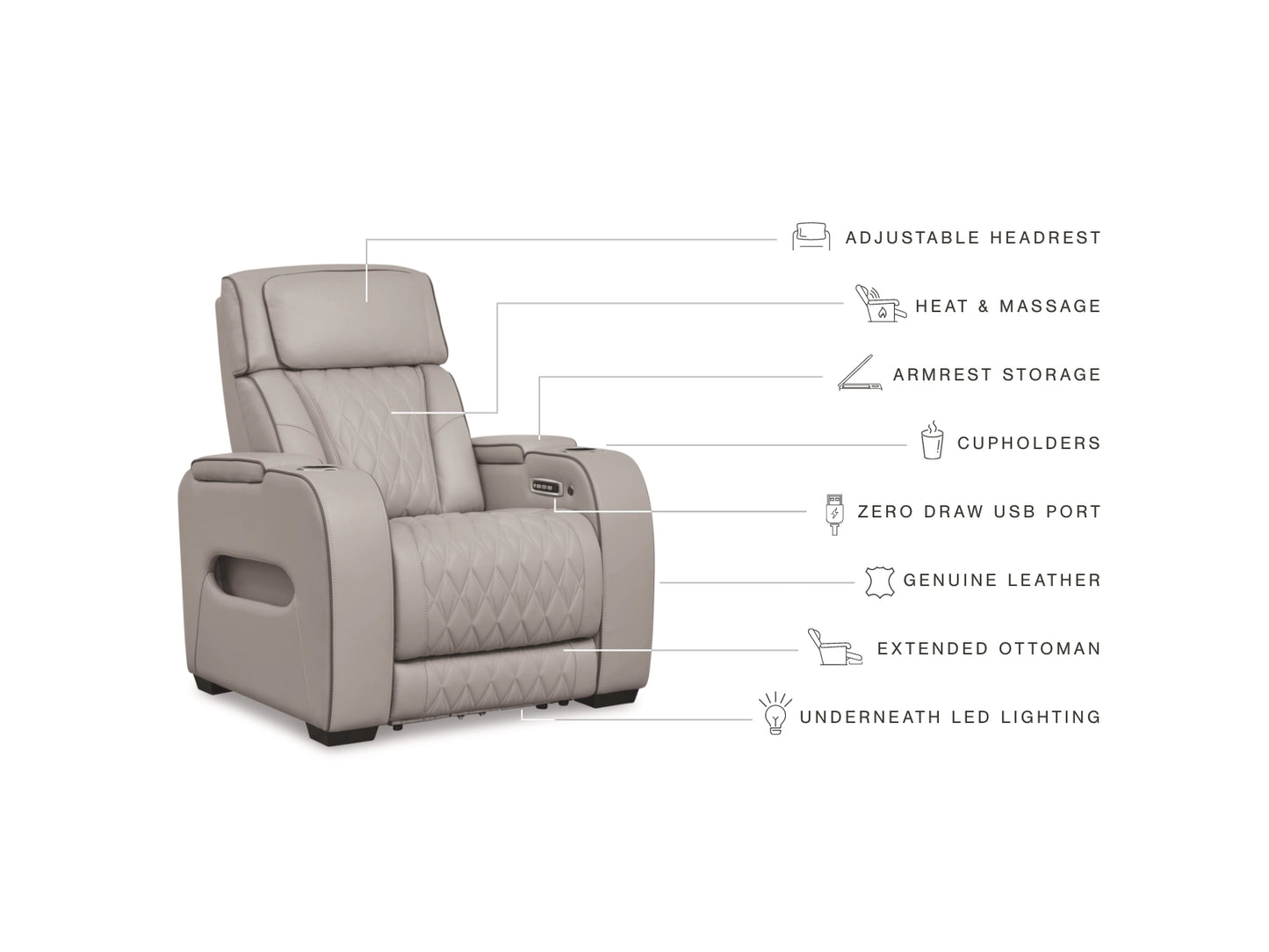 Broadmoor Dual Power Leather Recliner - Gray