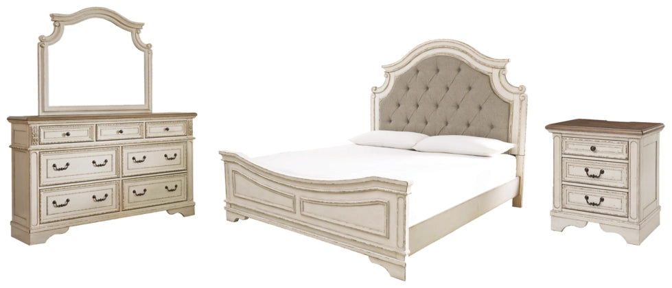 Aris Upholstered Panel Bed with Mirrored Dresser and Nightstand