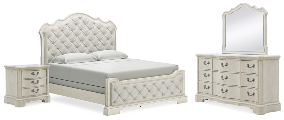 Monte Carlos Upholstered Bed with Mirrored Dresser and Nightstand