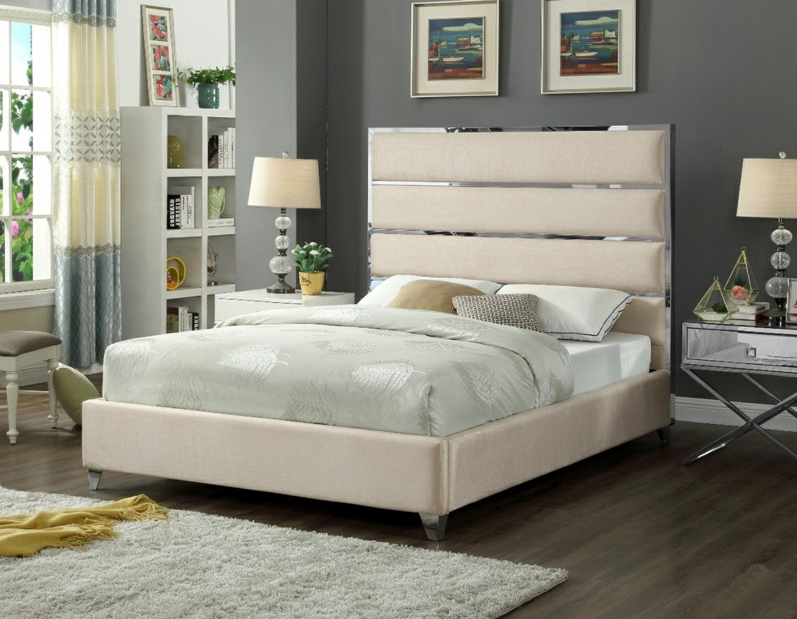 Lauren King Beige Velvet Upholstered Platform Bed