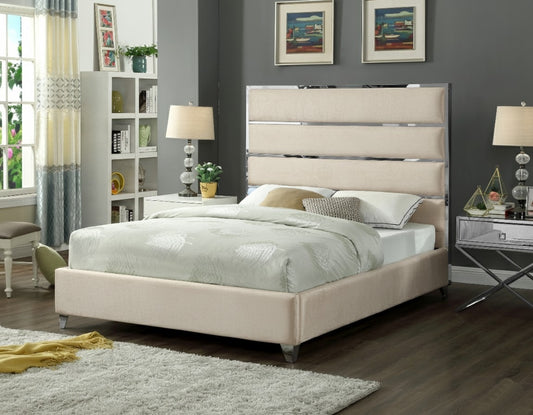 Lauren King Beige Velvet Upholstered Platform Bed