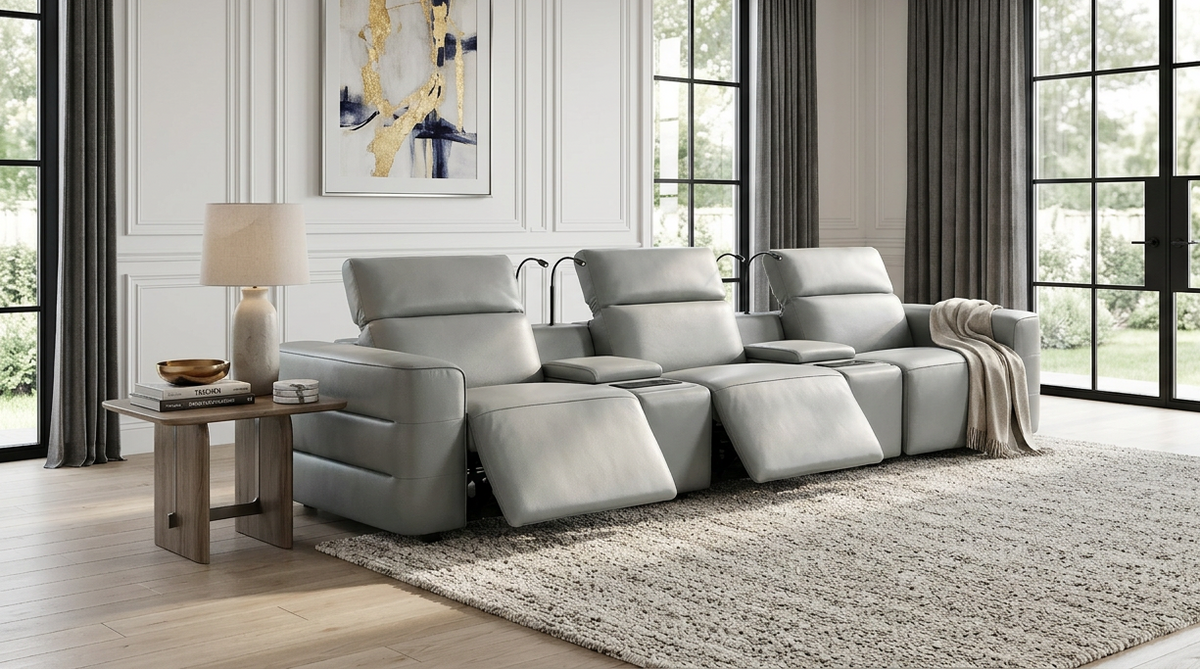 Diamante Italian Leather Power Home Theater Recliner Row - Grey