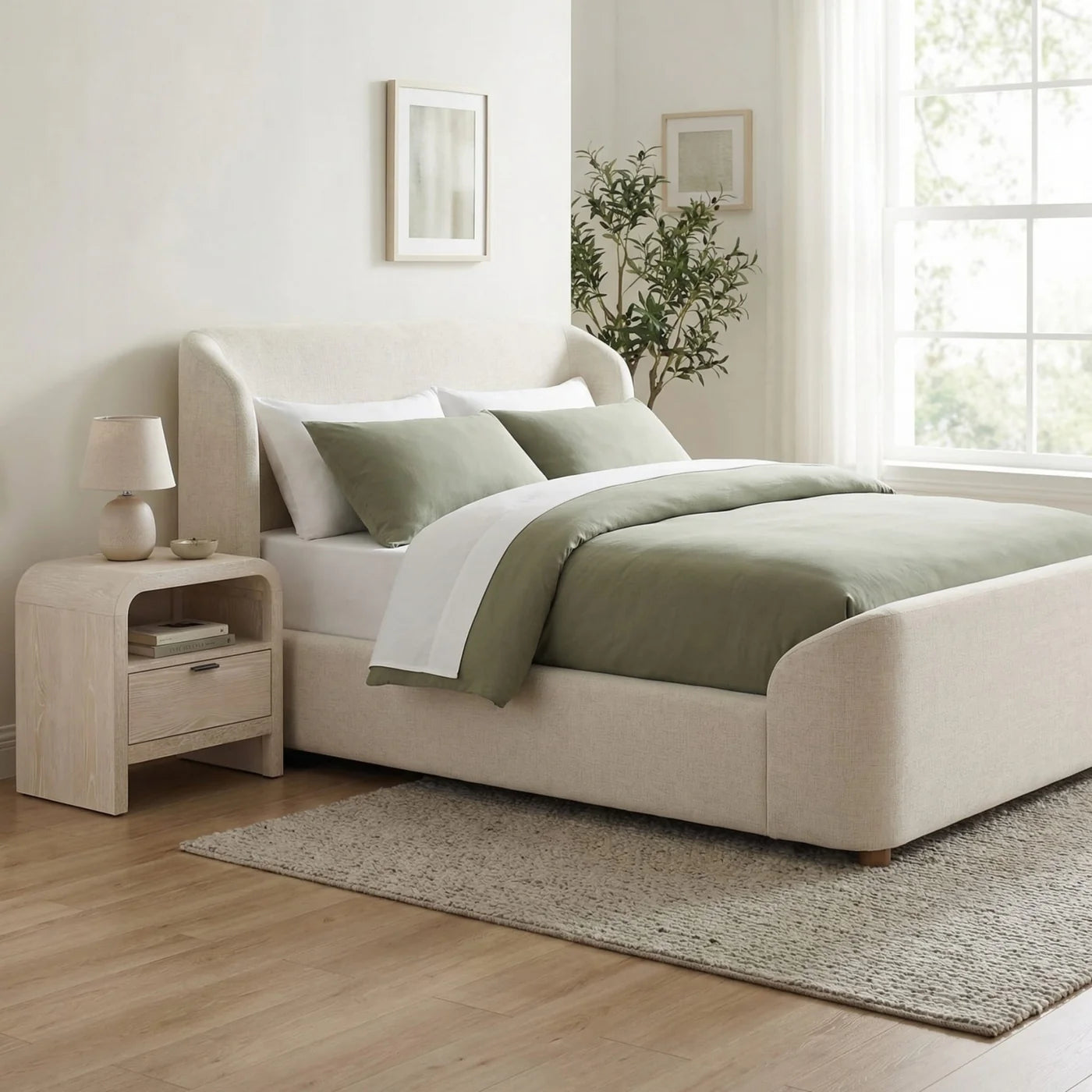 Kiki Upholstered Platform Bed in Whipped Honey Linen