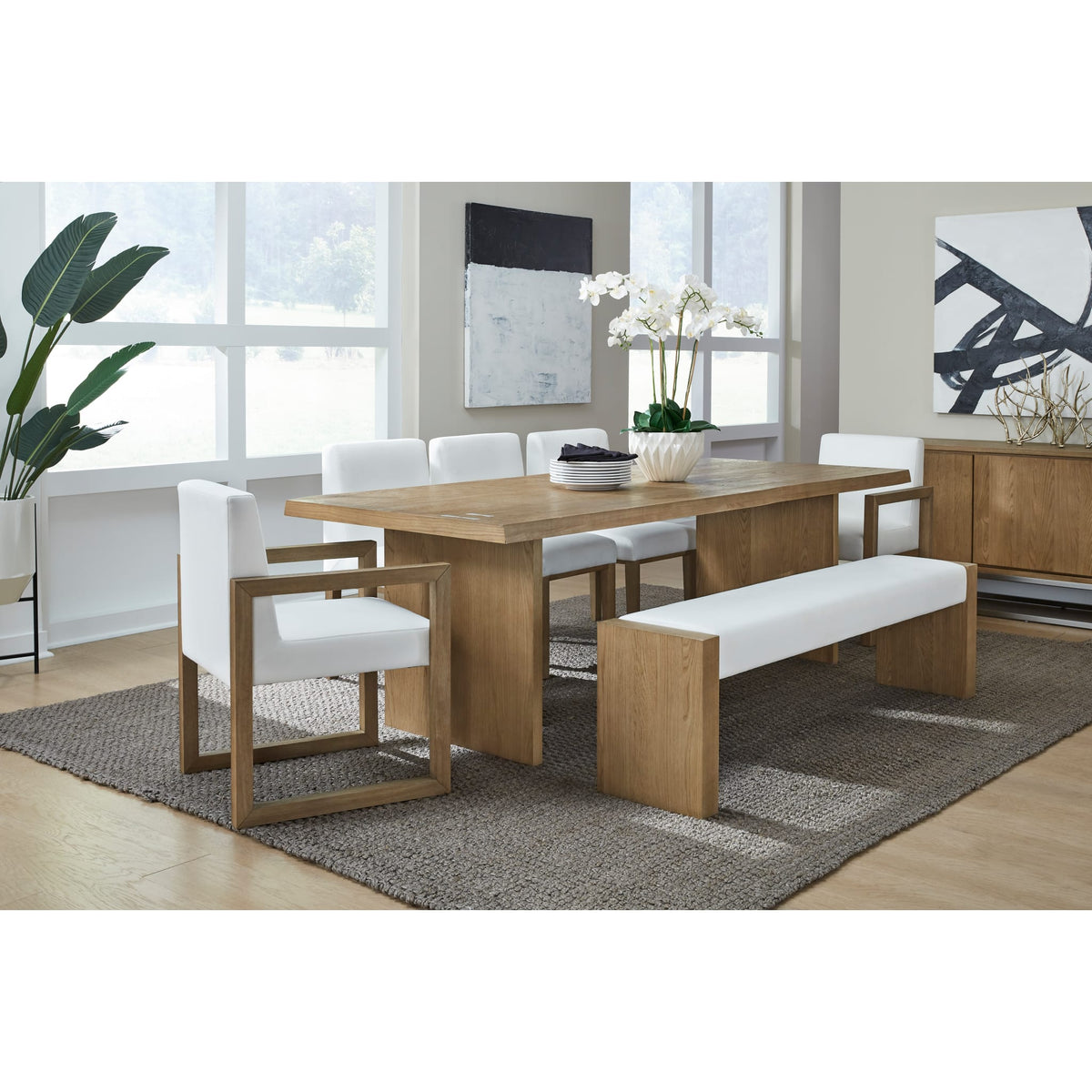 One Modern Coastal Slab Leg Upholstered Dining Bench in White Oak and White Pearl