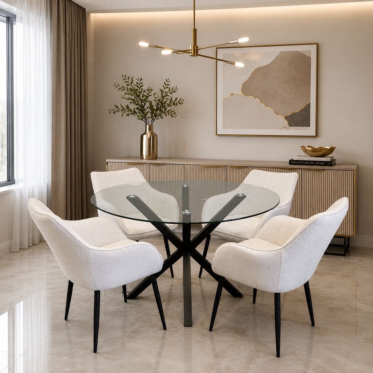 Rio 5pc Dining Set with Beige Chenille High back Chairs