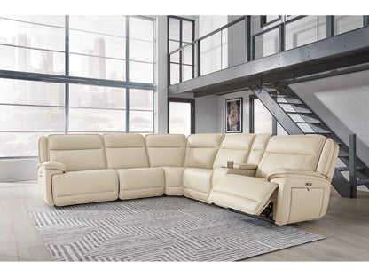 Double Deal 6-Piece Dual Power Leather Reclining Modular Sectional with Console - Almond
