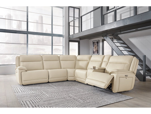 Double Deal 6-Piece Dual Power Leather Reclining Modular Sectional with Console - Almond