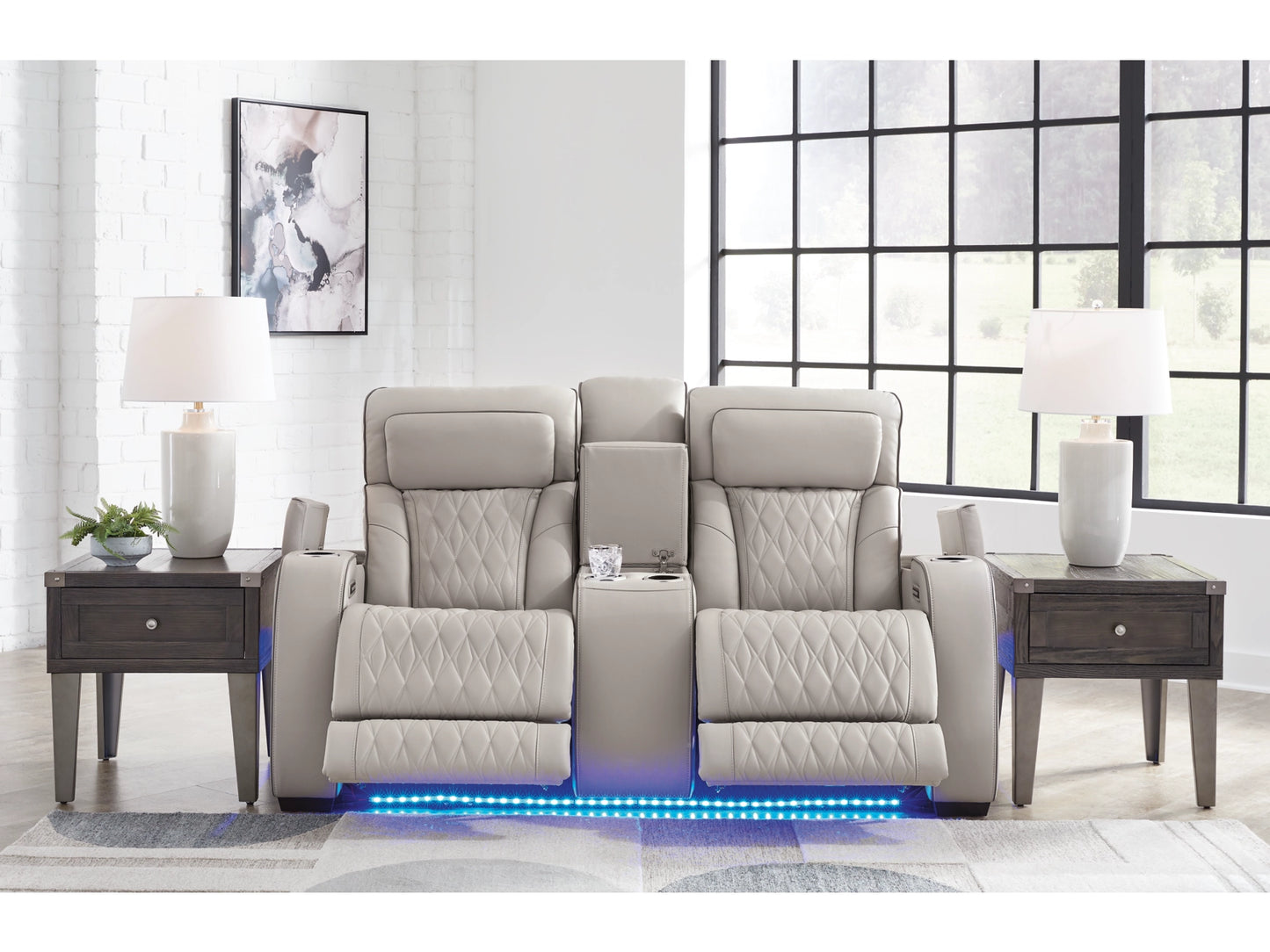 Broadmoor Dual Power Leather Reclining Loveseat with Console - Gray