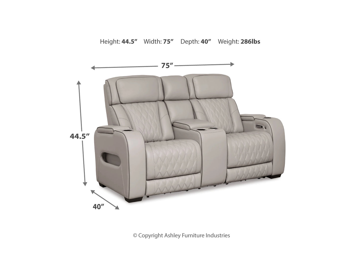 Broadmoor Dual Power Leather Reclining Loveseat with Console - Gray