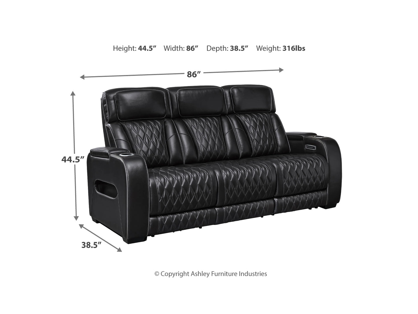 Broadmoor Dual Power Leather Reclining Sofa - Black