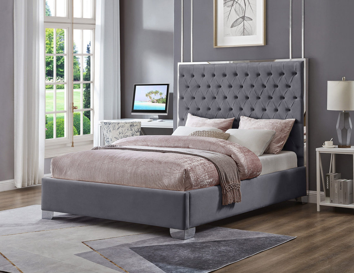 Kate Queen 58″ Tall Gray Velvet Upholstered Platform Bed